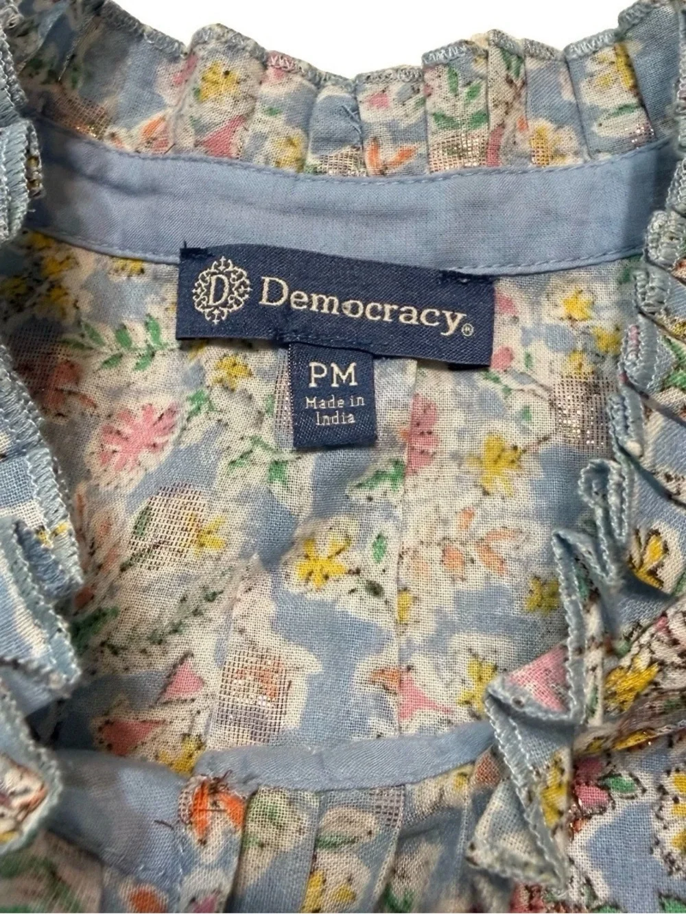Democracy Light Blue Floral Ruffle-Neck Blouse